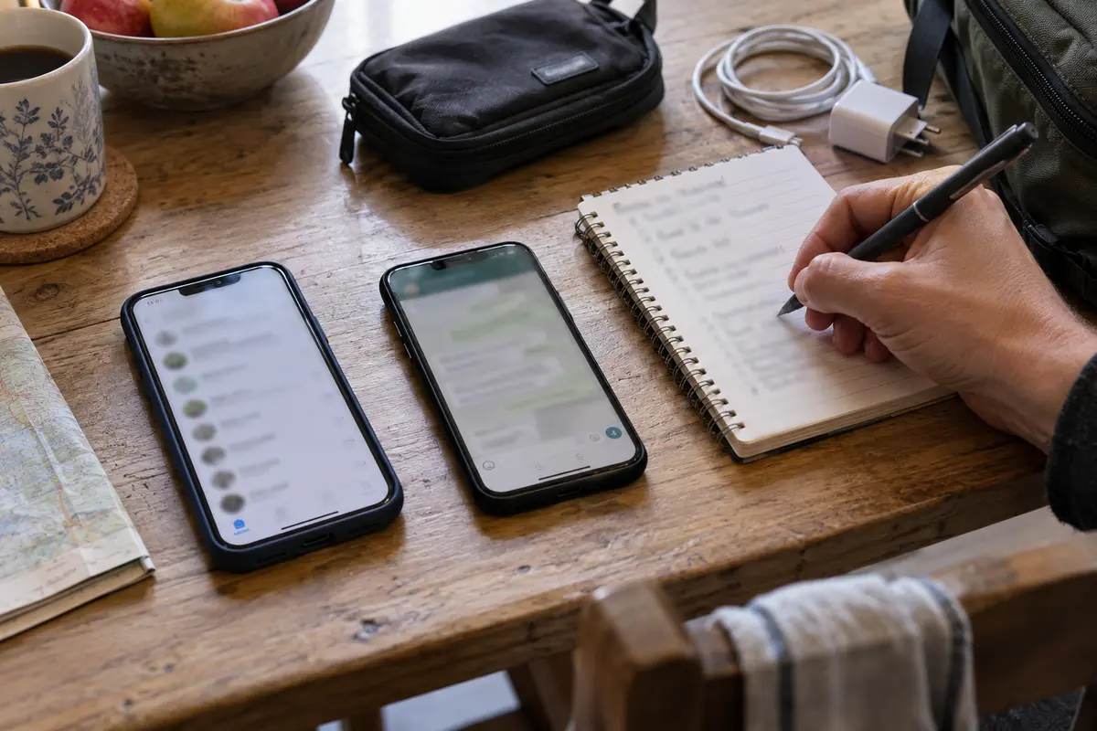 Two messaging phones and a handwritten communication backup list