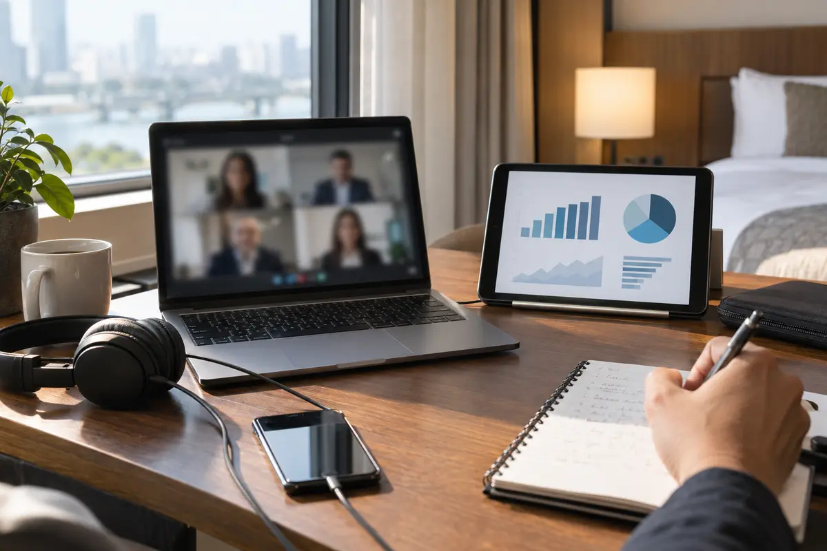 A video meeting on a laptop with locally saved slides open on a second device