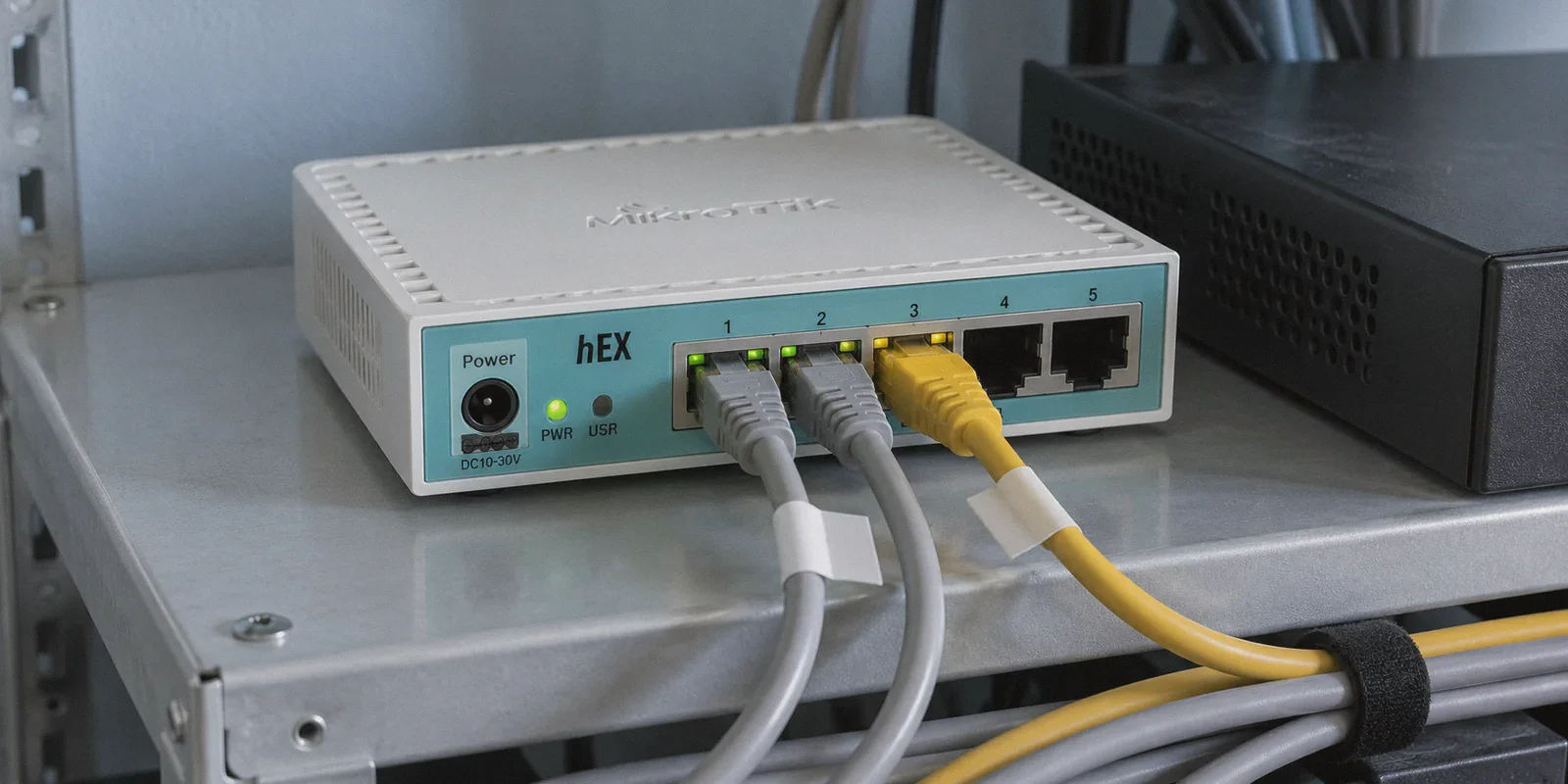 MikroTik five-port router and Ethernet cables on a home-network shelf.
