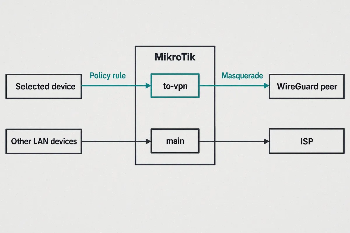 Separate policy route for a selected device and main route for other LAN devices.