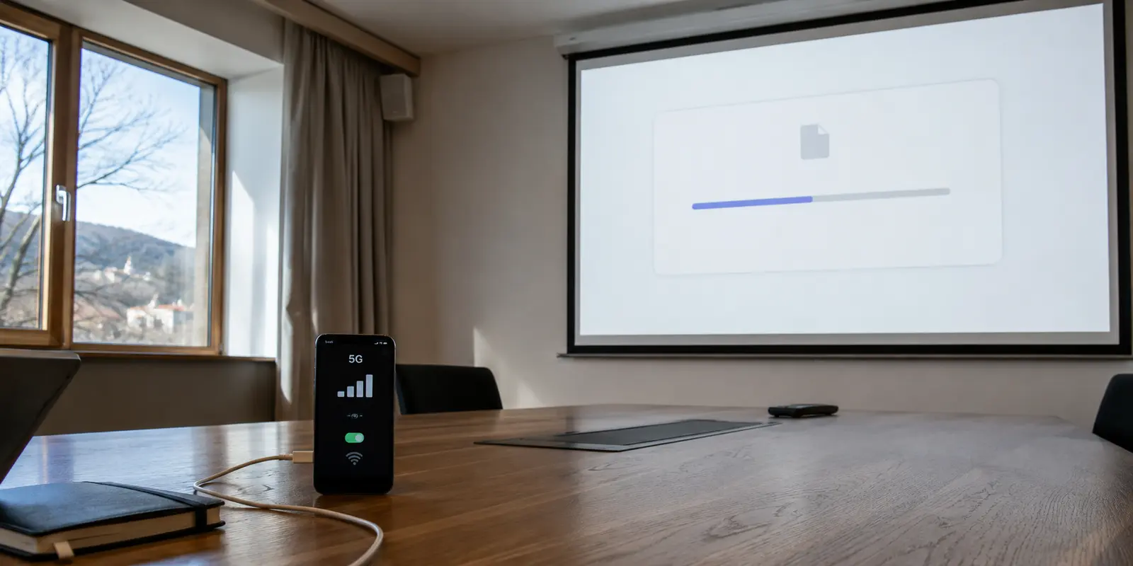 Stockender Präsentationsupload trotz starkem 5G-Hotspot in einem Besprechungsraum