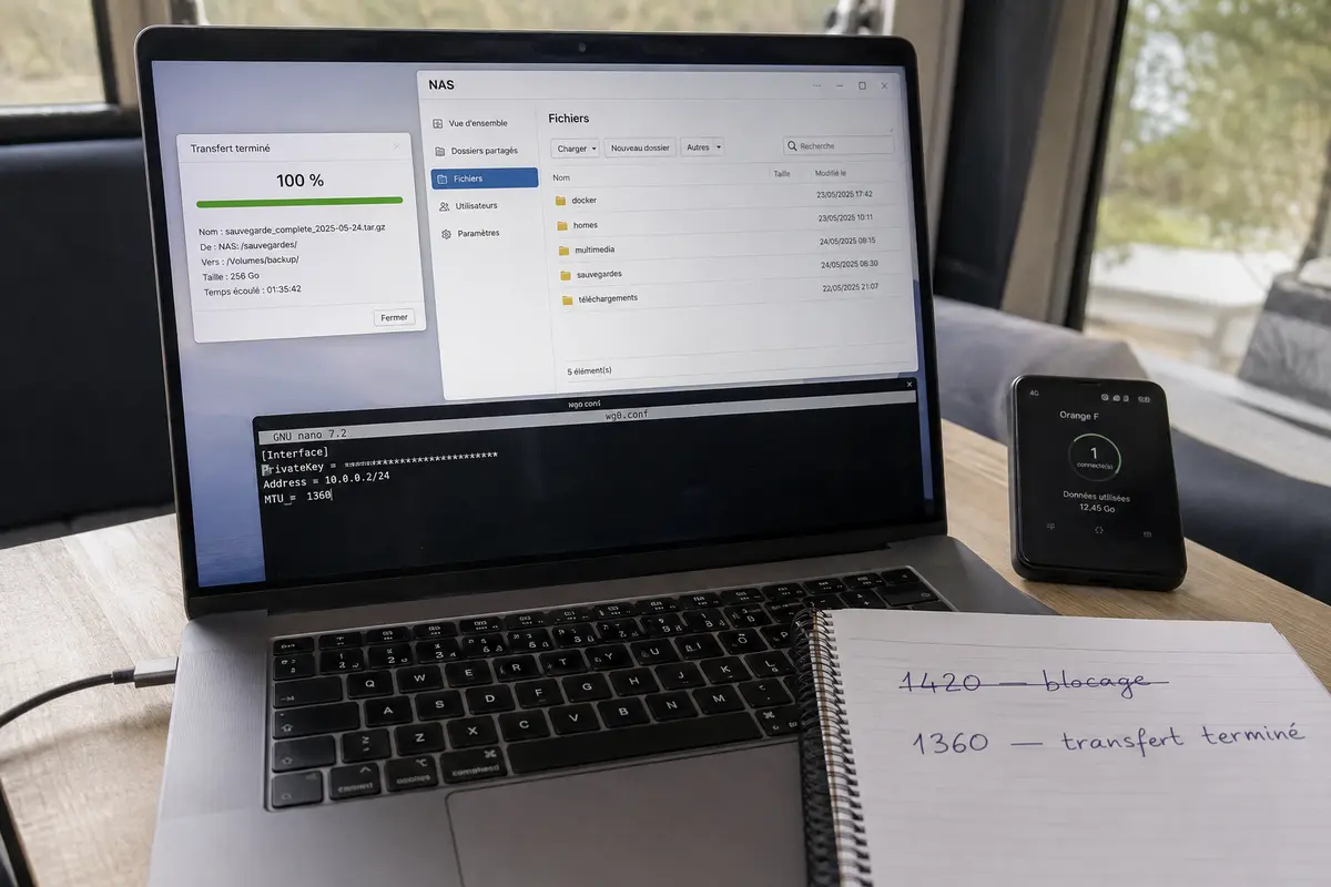 Le transfert WireGuard atteint 100 % après un test progressif de MTU consigné dans un carnet