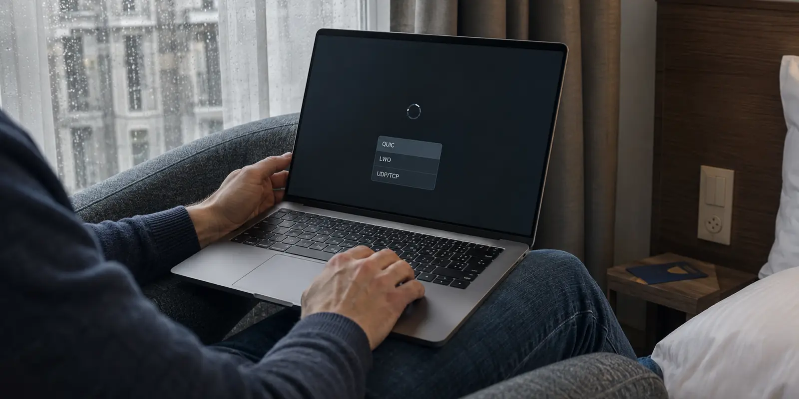 Reisender wählt auf einem Laptop im Hotel zwischen mehreren Verbindungsmethoden für ein schwieriges WLAN
