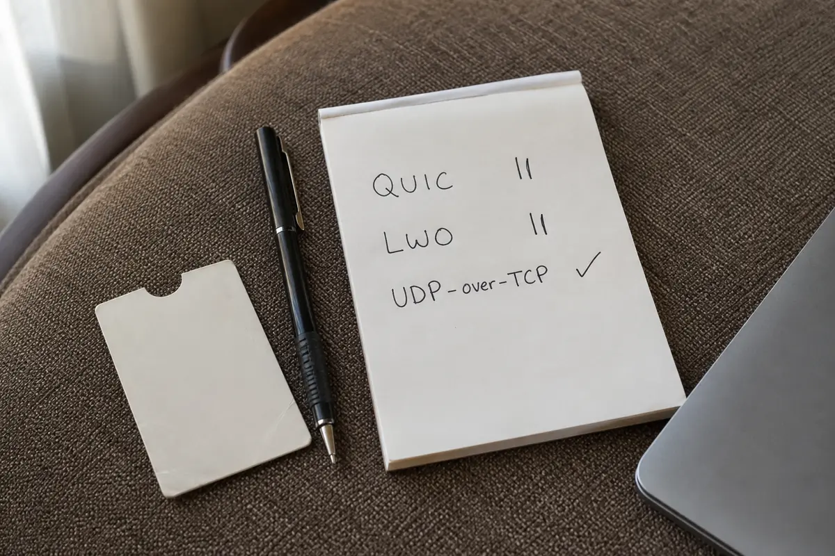 Handschriftliche Liste der getesteten Methoden QUIC, LWO und UDP-over-TCP auf einem Hotelnotizblock