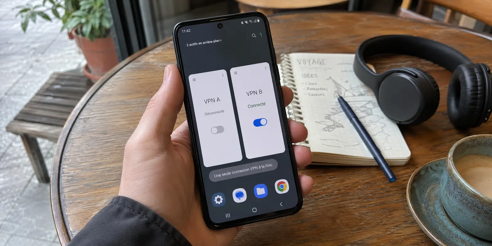 Sur un téléphone Android, le VPN B est connecté tandis que le VPN A vient d’être déconnecté, car une seule connexion peut fonctionner à la fois.