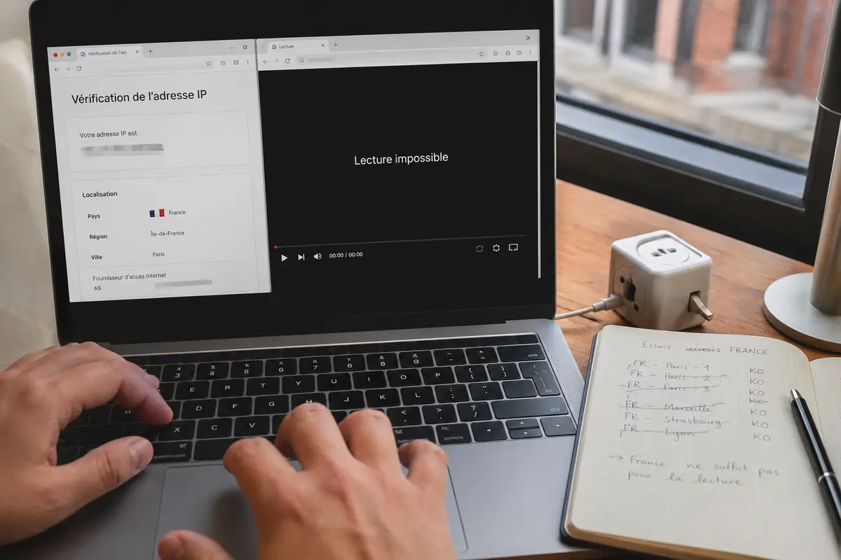 Un test situe l’adresse IP en France tandis que le lecteur vidéo refuse toujours de démarrer.