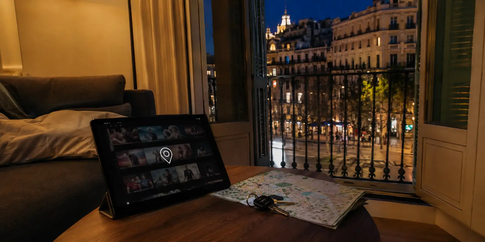 Tablette bloquée par un contrôle de géolocalisation dans un appartement de voyage à Barcelone