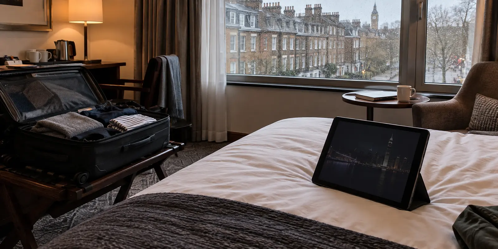 An unpacked suitcase and a tablet in a London hotel room