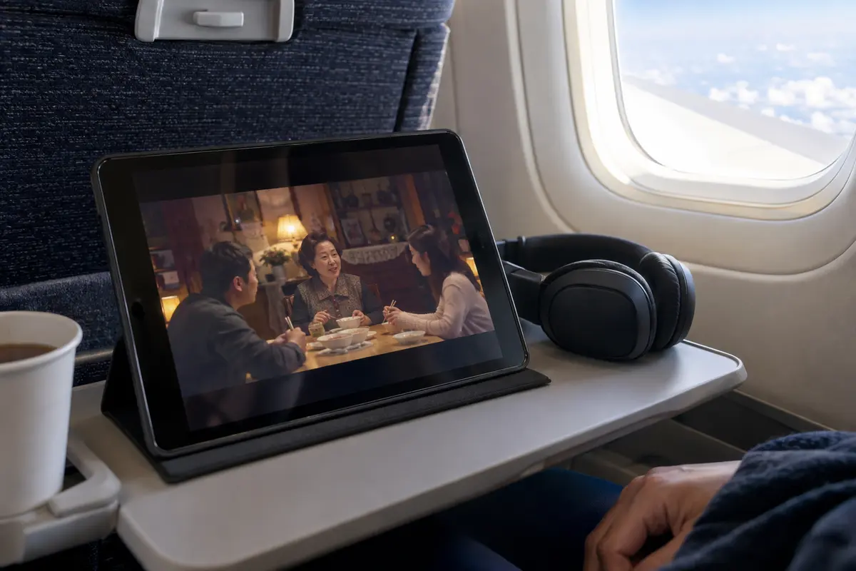 A downloaded Cantonese drama playing on a tablet during a flight