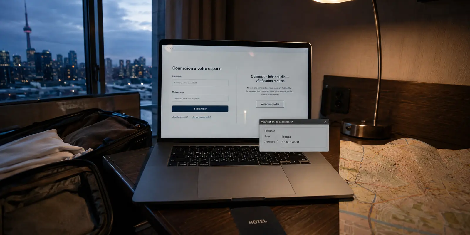Dans un hôtel de Toronto, une banque française demande encore une vérification malgré une adresse IP dédiée située en France.