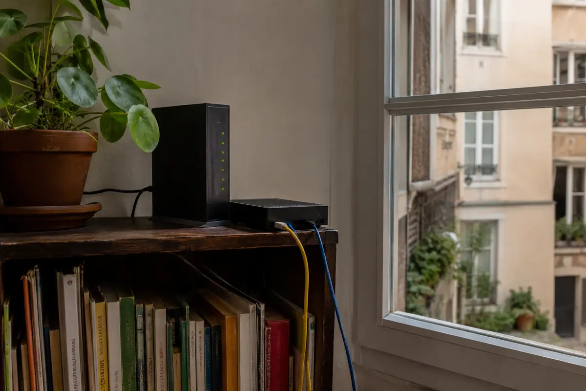 Une box Internet et un petit nœud de sortie restent allumés dans un appartement lyonnais.
