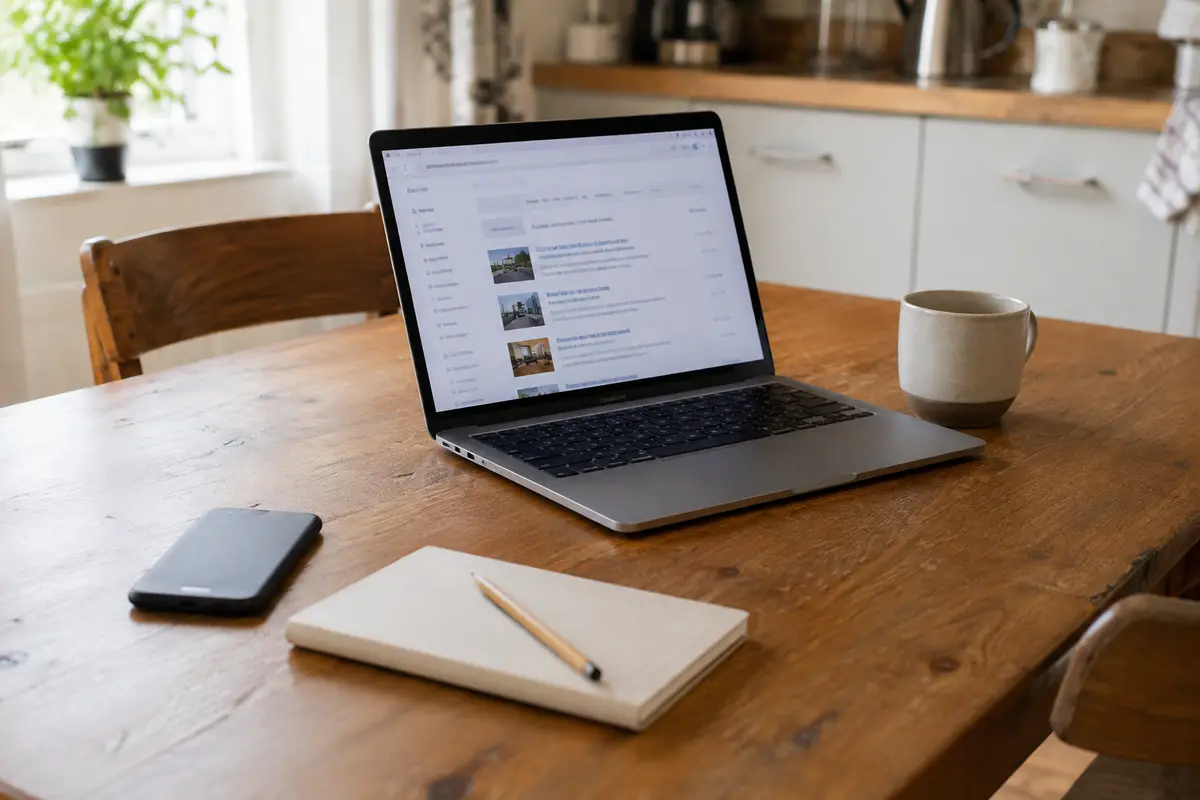 Portátil con una búsqueda de empleo junto a un teléfono apartado y un cuaderno cerrado