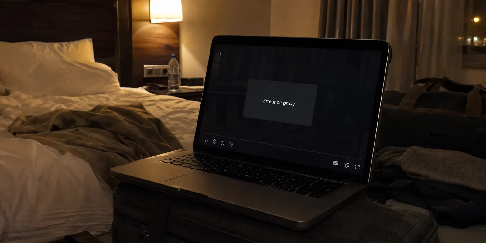 Un ordinateur portable affiche une erreur de proxy pendant la lecture d’un film dans une chambre d’hôtel