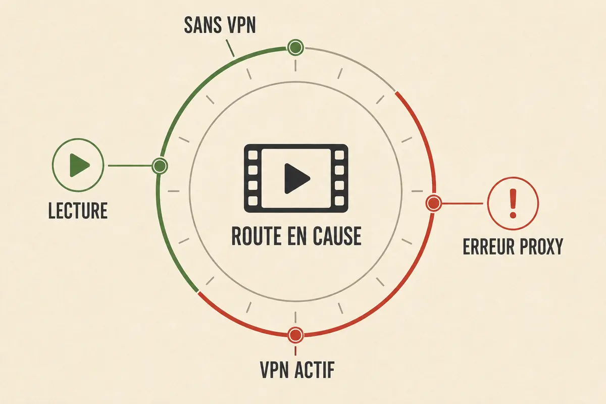 Un diagnostic circulaire compare la lecture sans VPN à l’erreur de proxy lorsque le VPN est actif