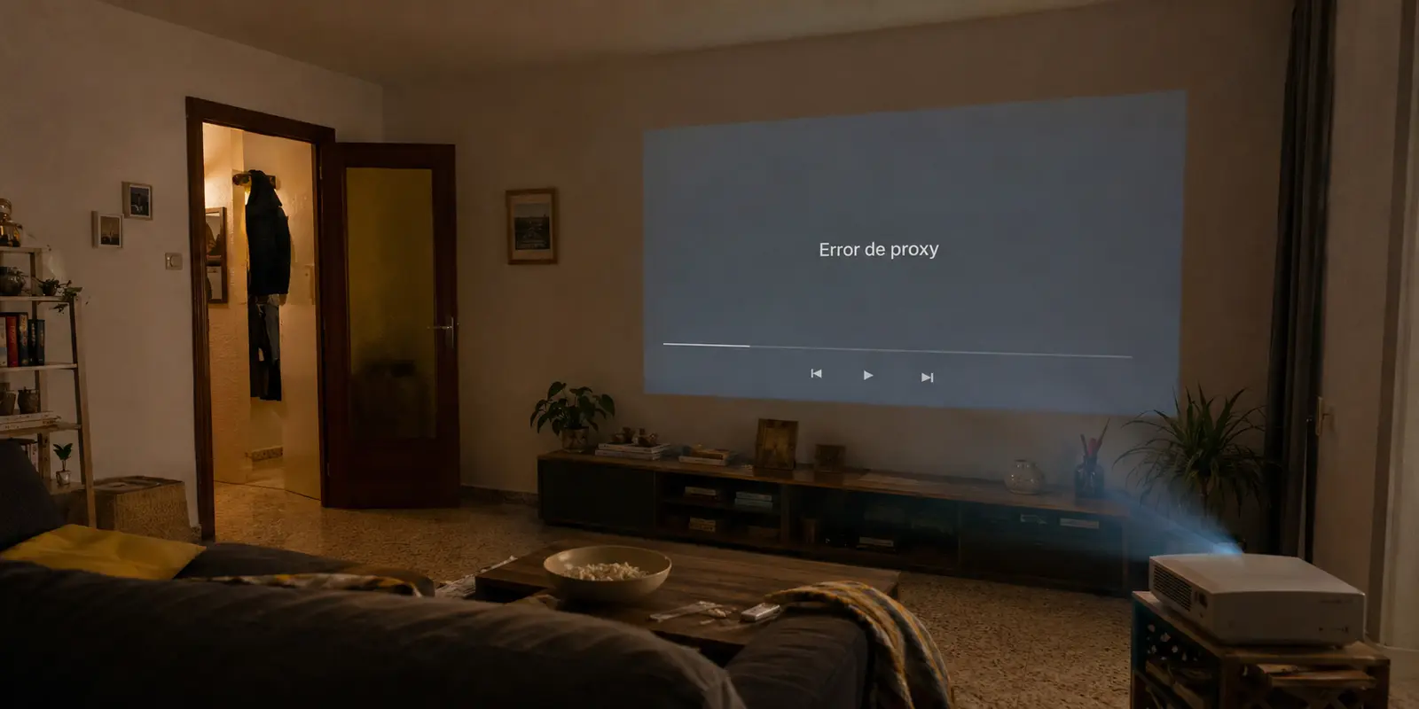 Una película proyectada en la pared se interrumpe con un aviso de error de proxy