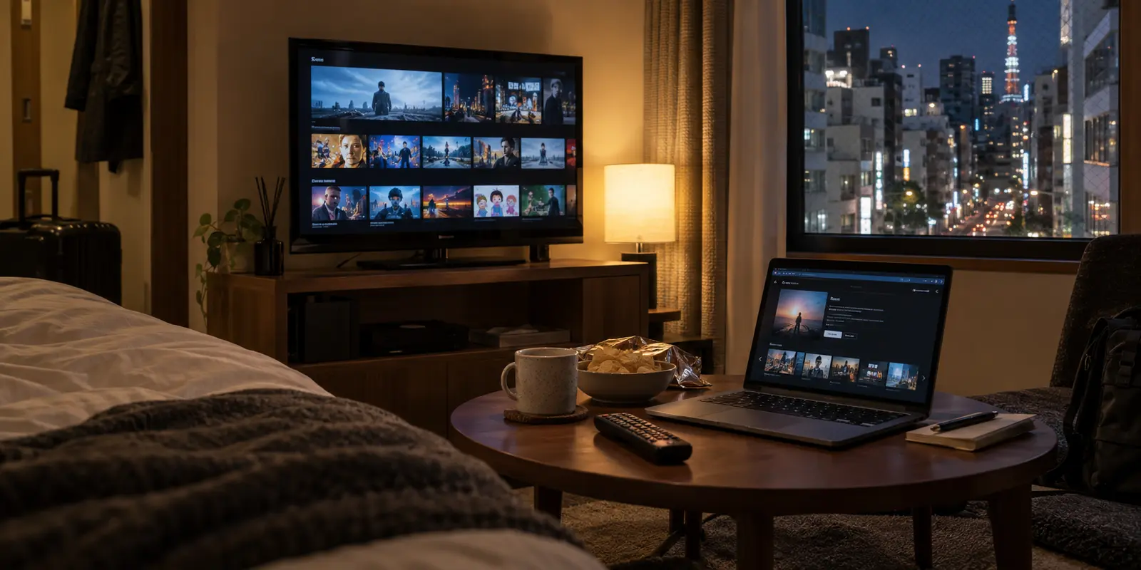 A Tokyo hotel room set up for browsing a Japanese streaming catalog
