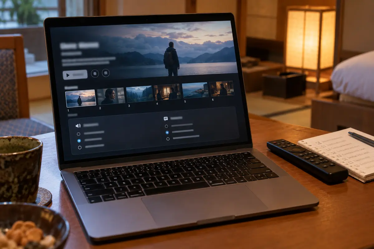 A title detail page shows episodes and language options on a laptop