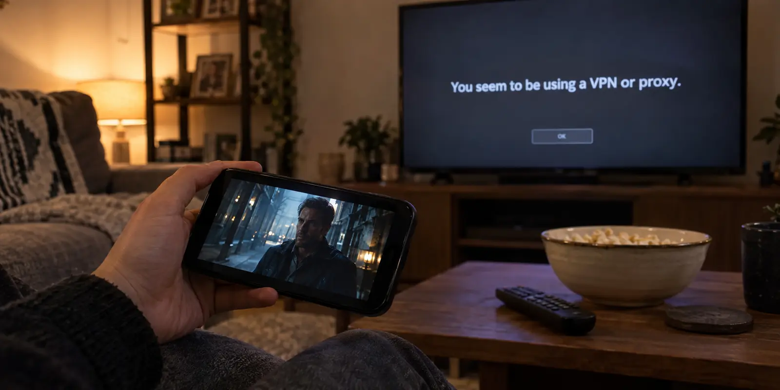A movie playing on a phone while the television reports a VPN or proxy error