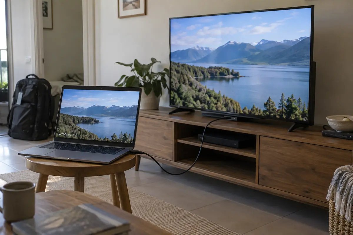 A VPN-connected laptop sending the same video directly to a television through HDMI
