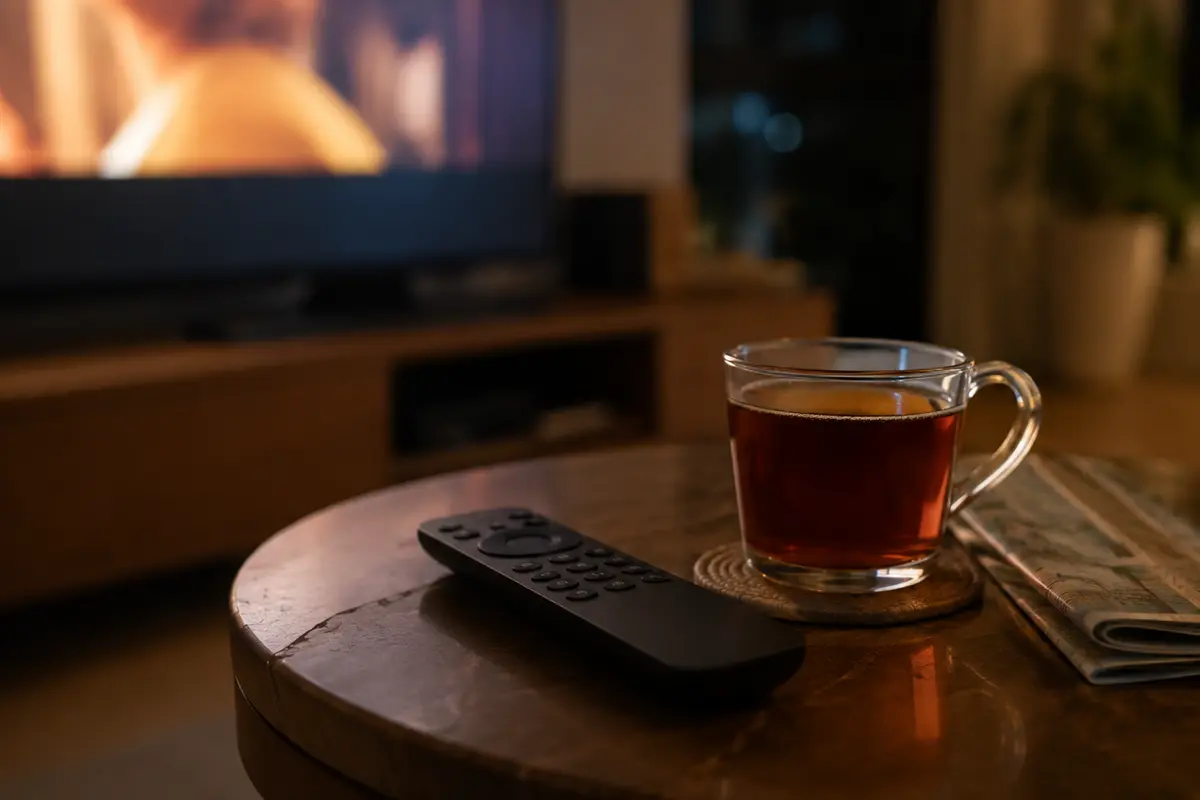 جهاز تحكم موضوع جانبًا بينما تستمر الحلقة على التلفاز