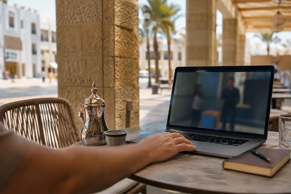 حاسوب محمول يشغل فيديو على طاولة مقهى نهارية في الدوحة