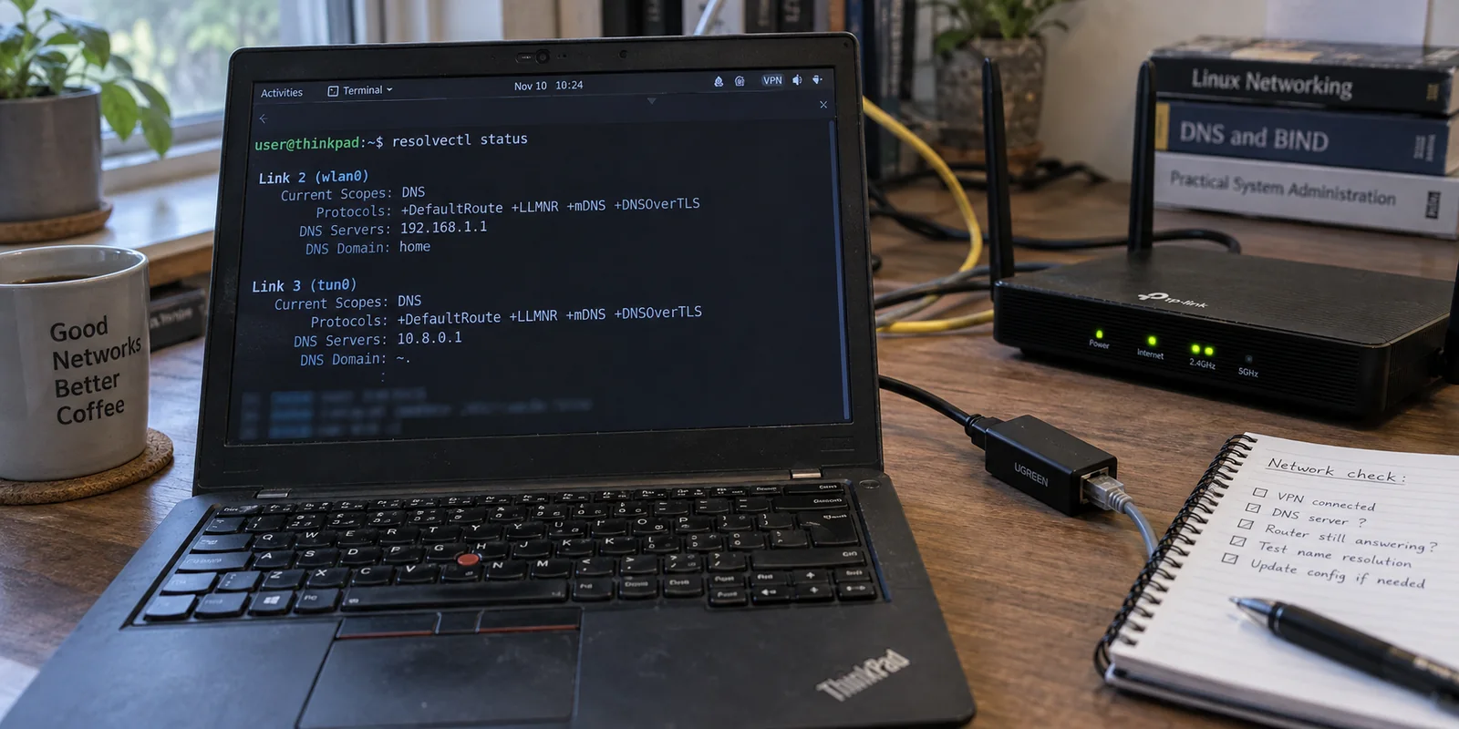 A Linux laptop shows resolvectl status for Wi-Fi and VPN links beside a home router.