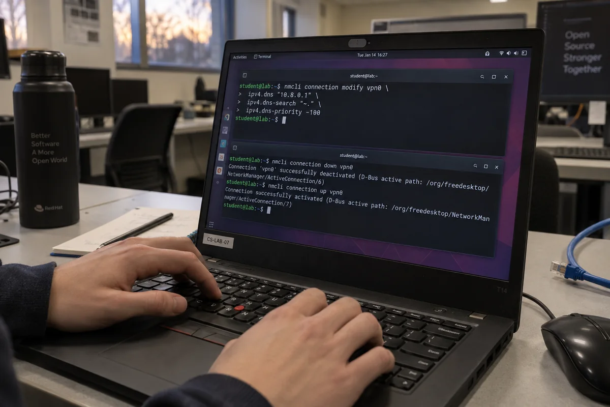 A Linux user applies persistent NetworkManager DNS priority and routing-domain settings with nmcli.