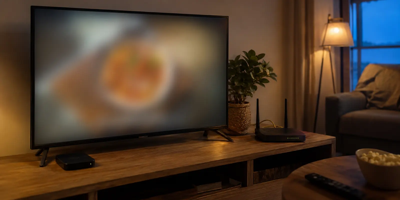 The TV is paused on a blurred video screen beside a home router