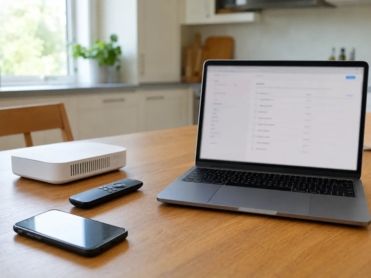 The TV is paused on a blurred video screen beside a home router