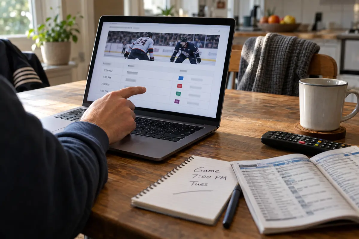 A hockey fan checking a game schedule and local television guide