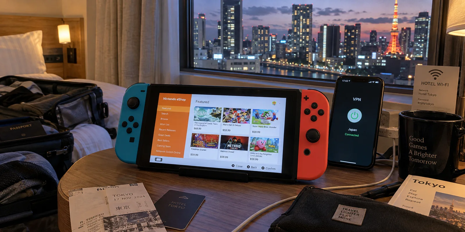 A Nintendo Switch in a Tokyo hotel still shows US dollar eShop prices beside a Japan-connected VPN.