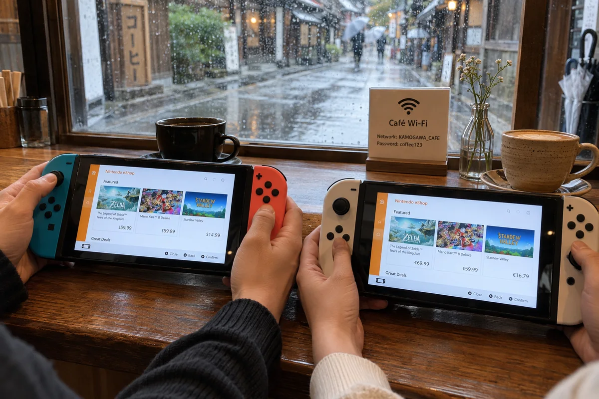 Two Nintendo Switch consoles on the same Kyoto cafe Wi-Fi show eShop prices in different currencies.