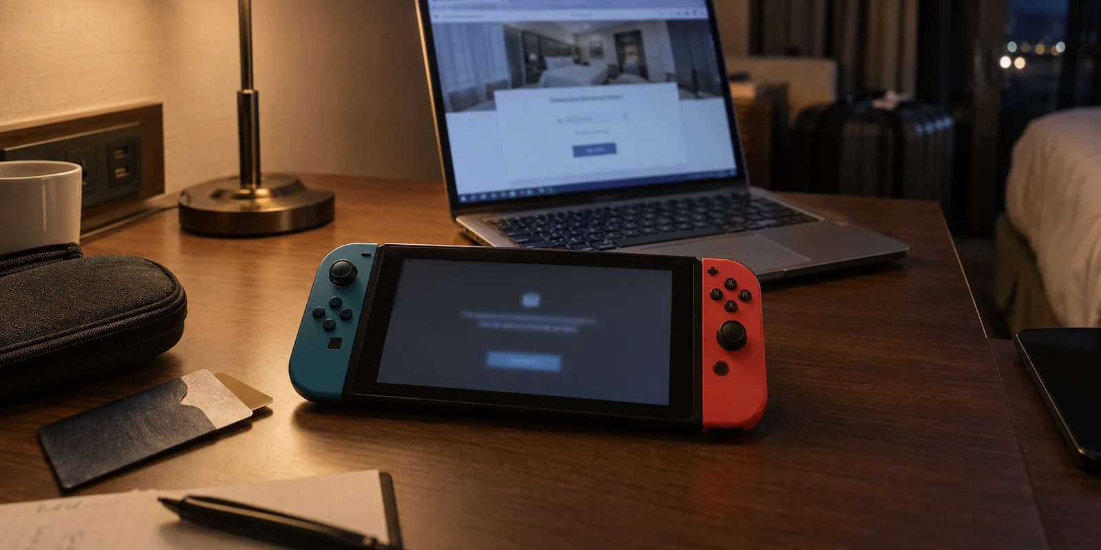 A handheld game console shows a connection failure beside a laptop on a hotel desk