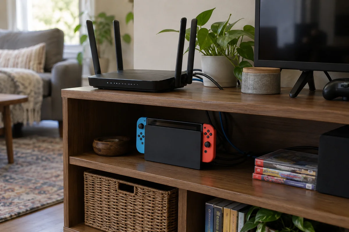 A home router sits upstream from a docked handheld game console