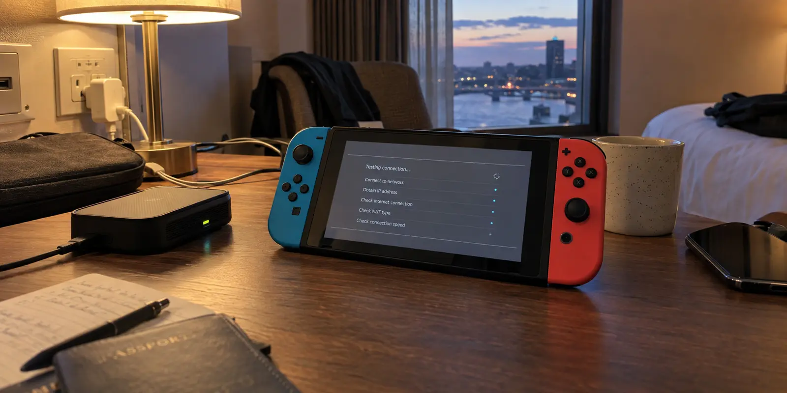A Nintendo Switch running a connection test beside a travel router on a hotel desk