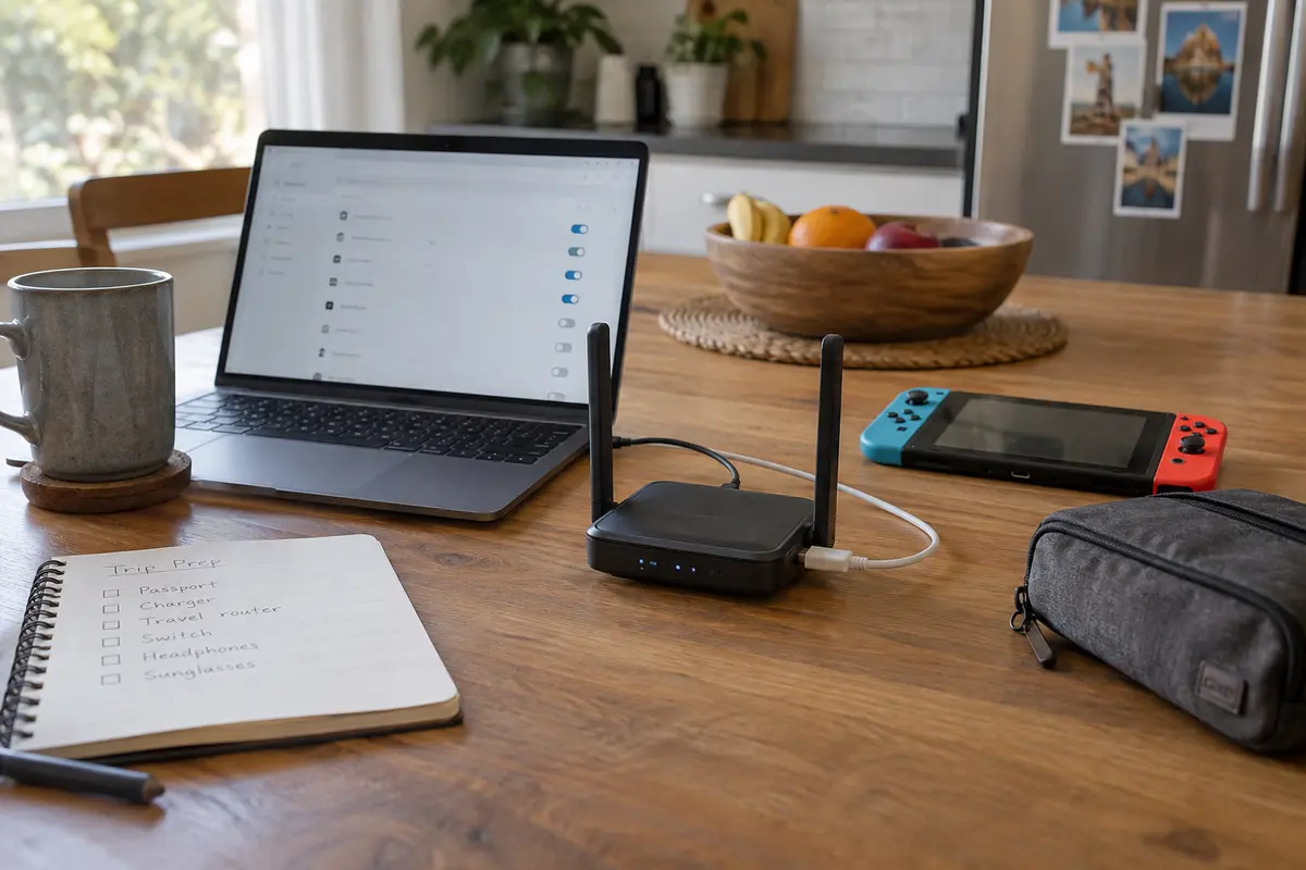 A travel router, laptop, and Nintendo Switch prepared together before a trip