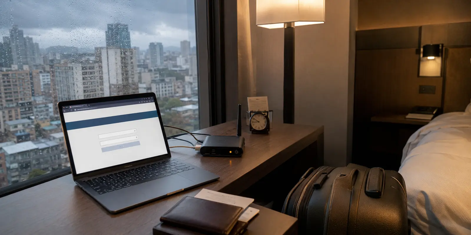 Portátil bloqueado por el portal cautivo de un hotel junto a un router de viaje