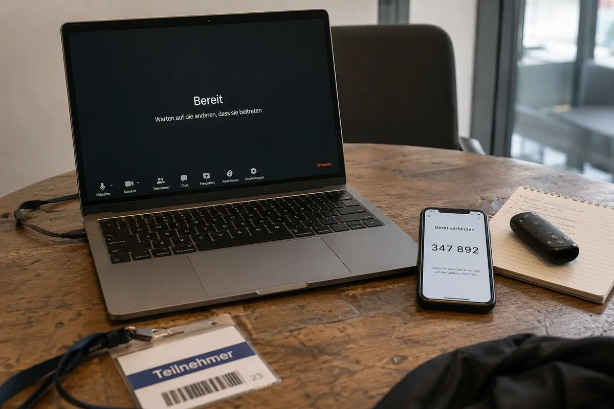 Ein startbereites Online-Meeting und ein Verifizierungscode zum Verbinden des Telefons