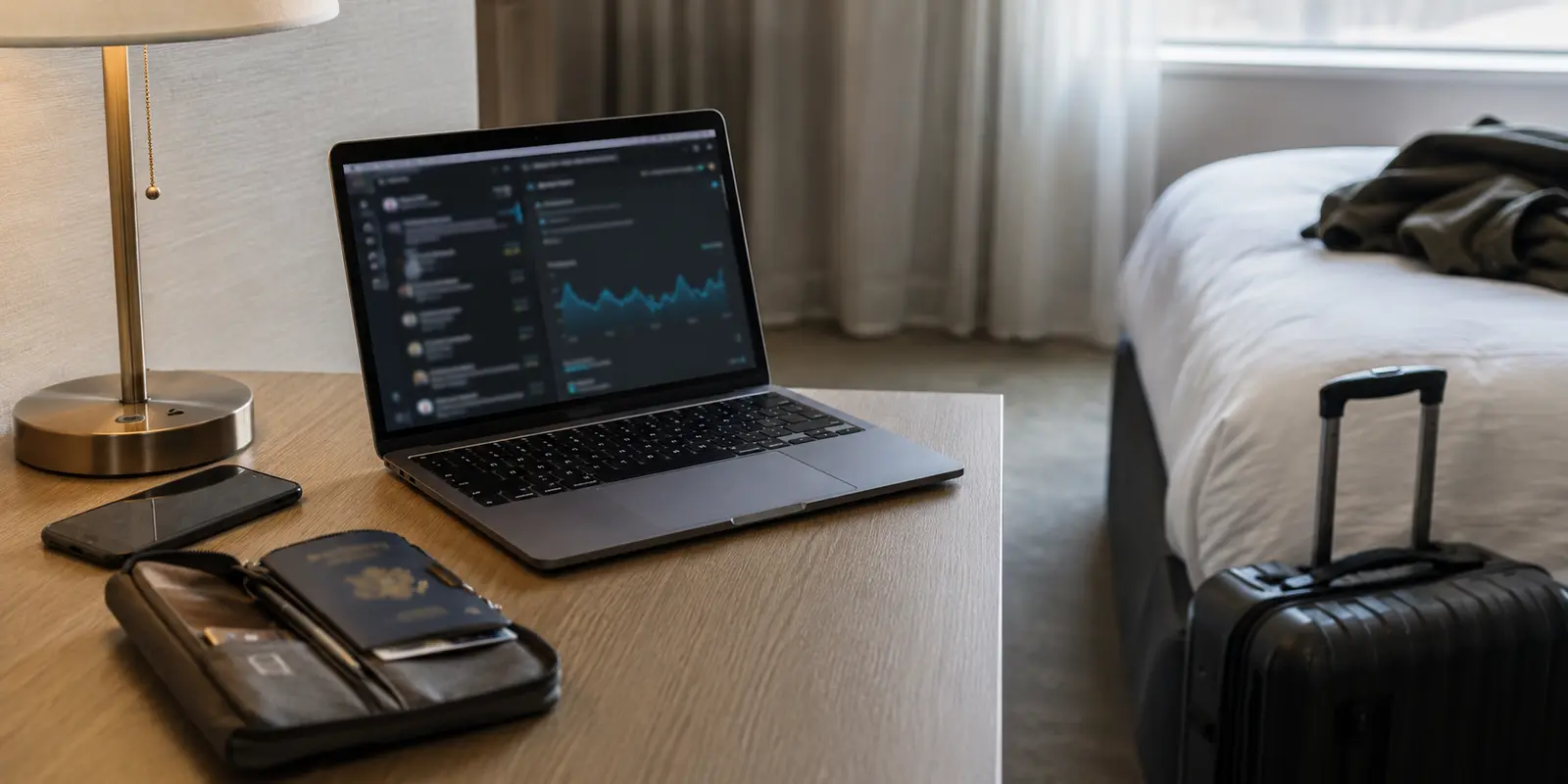 Laptop mit aktiver Arbeitsverbindung auf einem Tisch in einem Hotelzimmer