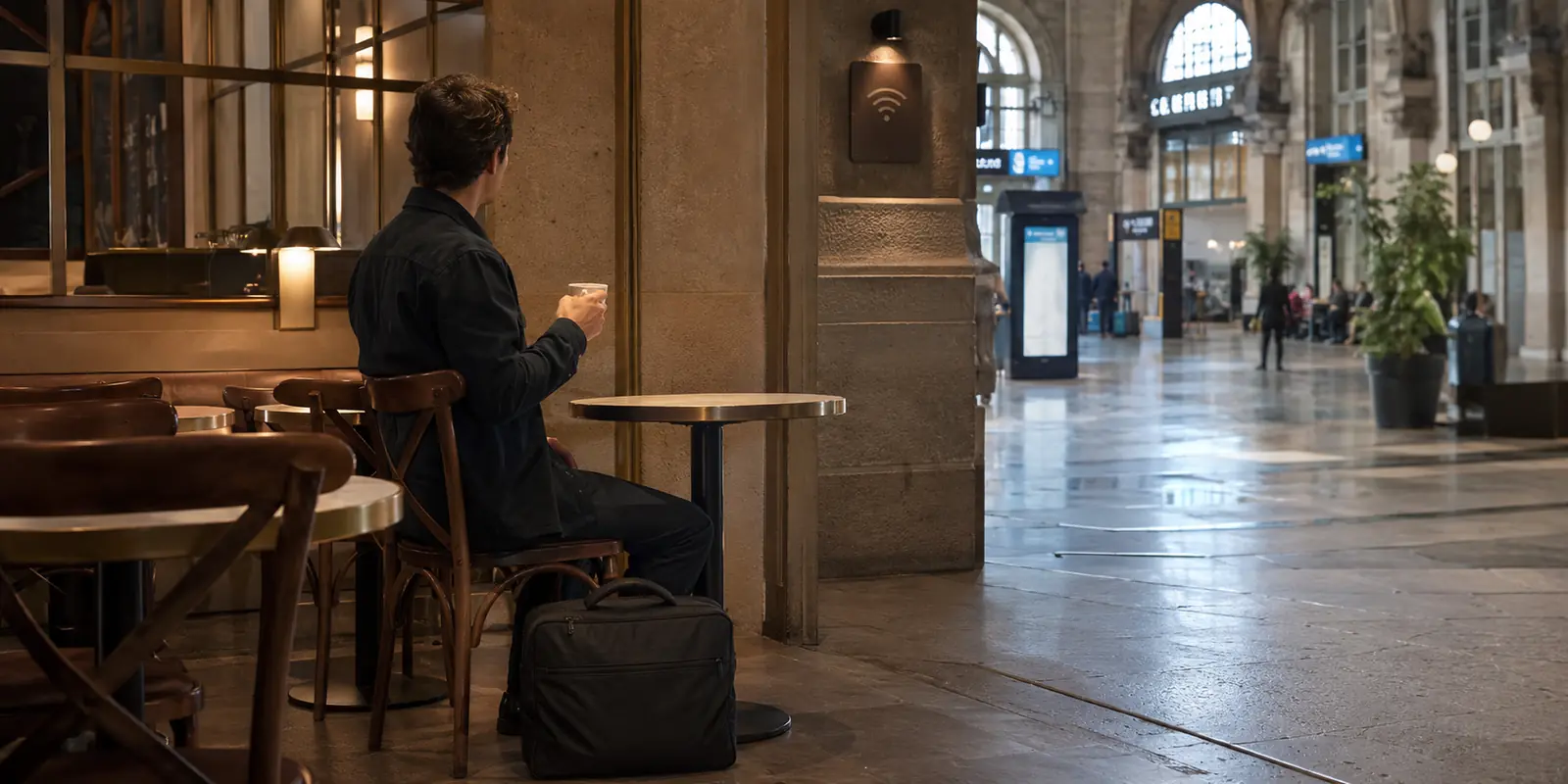 Un voyageur assis dans un café de la gare de Lyon, sa sacoche d’ordinateur fermée près de lui