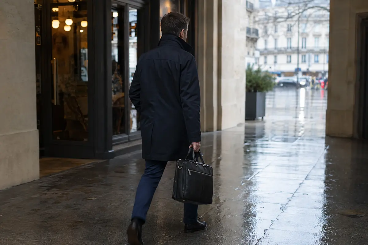 Un voyageur quittant un café sous un passage parisien mouillé, sa sacoche de travail à la main