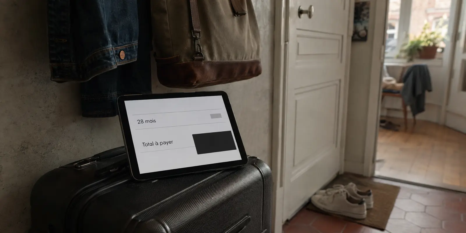 Tablette affichant un engagement de vingt-huit mois sur une valise prête pour un court voyage