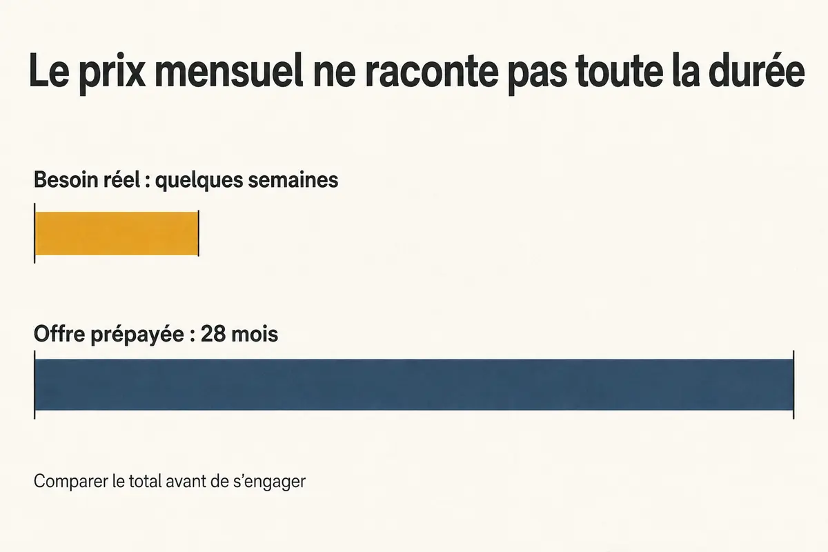 Comparaison de durée entre quelques semaines de besoin et une offre prépayée de vingt-huit mois