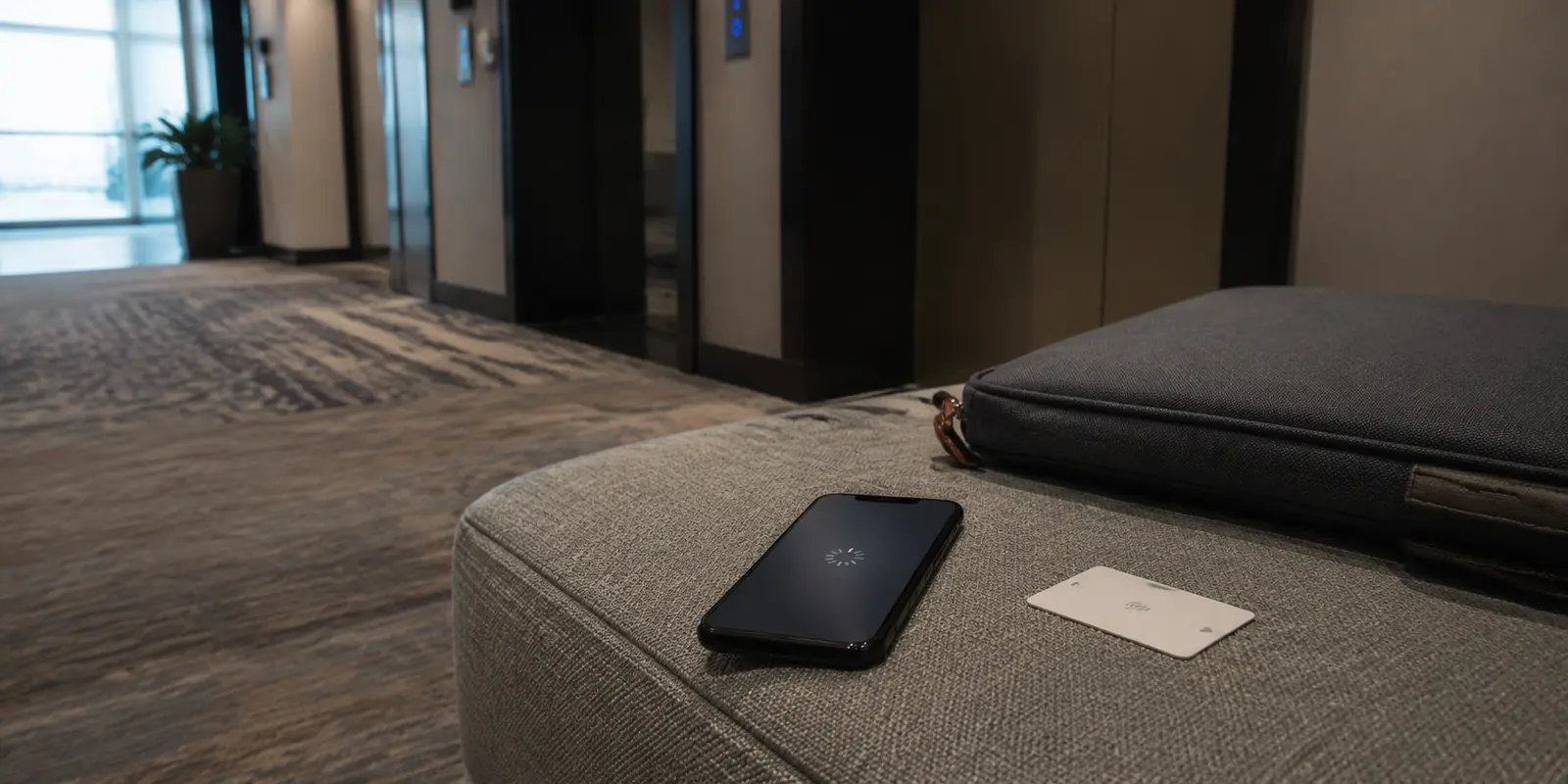 Celular com conexão interrompida em um banco de corredor de hotel, ao lado de uma bolsa de notebook e um cartão do quarto.