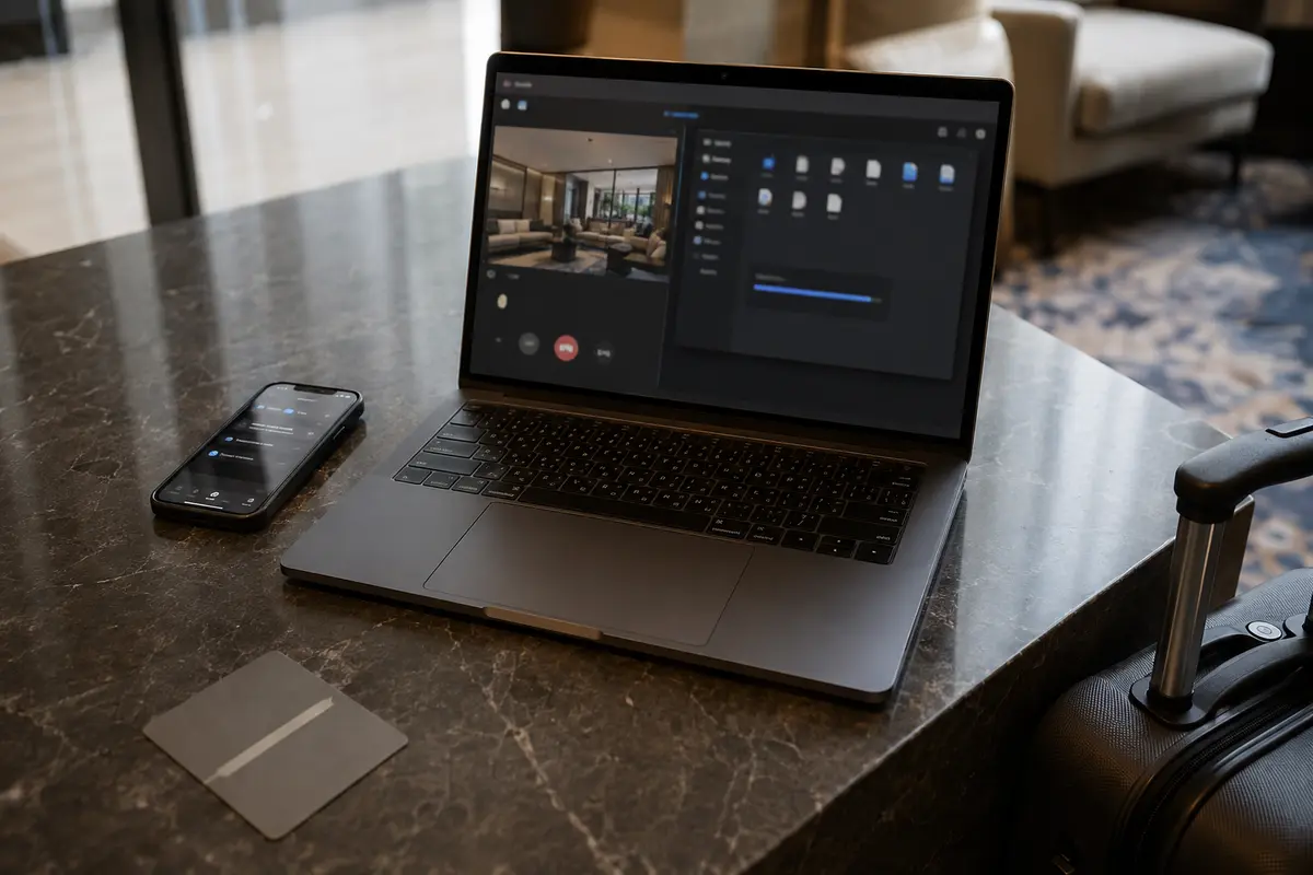 Notebook e celular conectados sobre uma mesa de lobby de hotel durante uma sessão de trabalho.