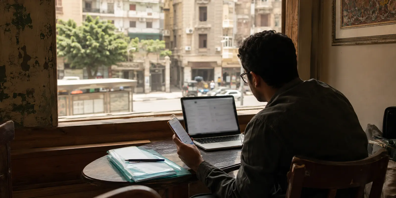 عامل عن بُعد يتابع الهاتف والحاسوب معًا في مقهى بالقاهرة