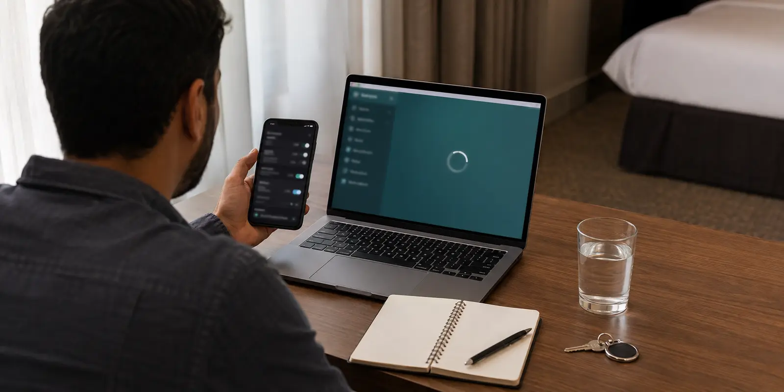 مسافر أمام لابتوب عالق في محاولة اتصال VPN على شبكة فندق بينما يعمل اتصال الهاتف
