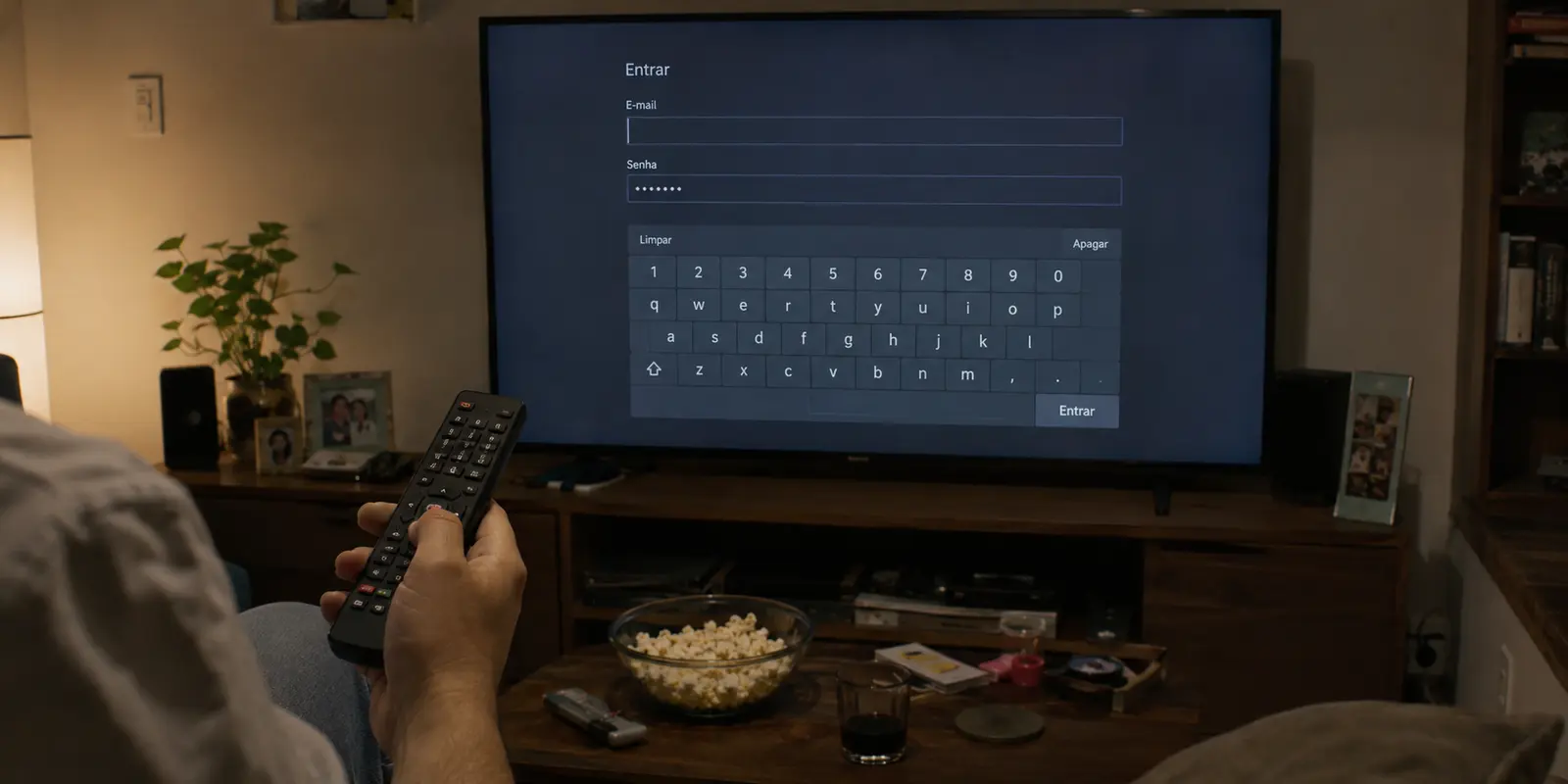 Tela de login com teclado virtual enquanto alguém tenta digitar uma senha usando o controle remoto da TV