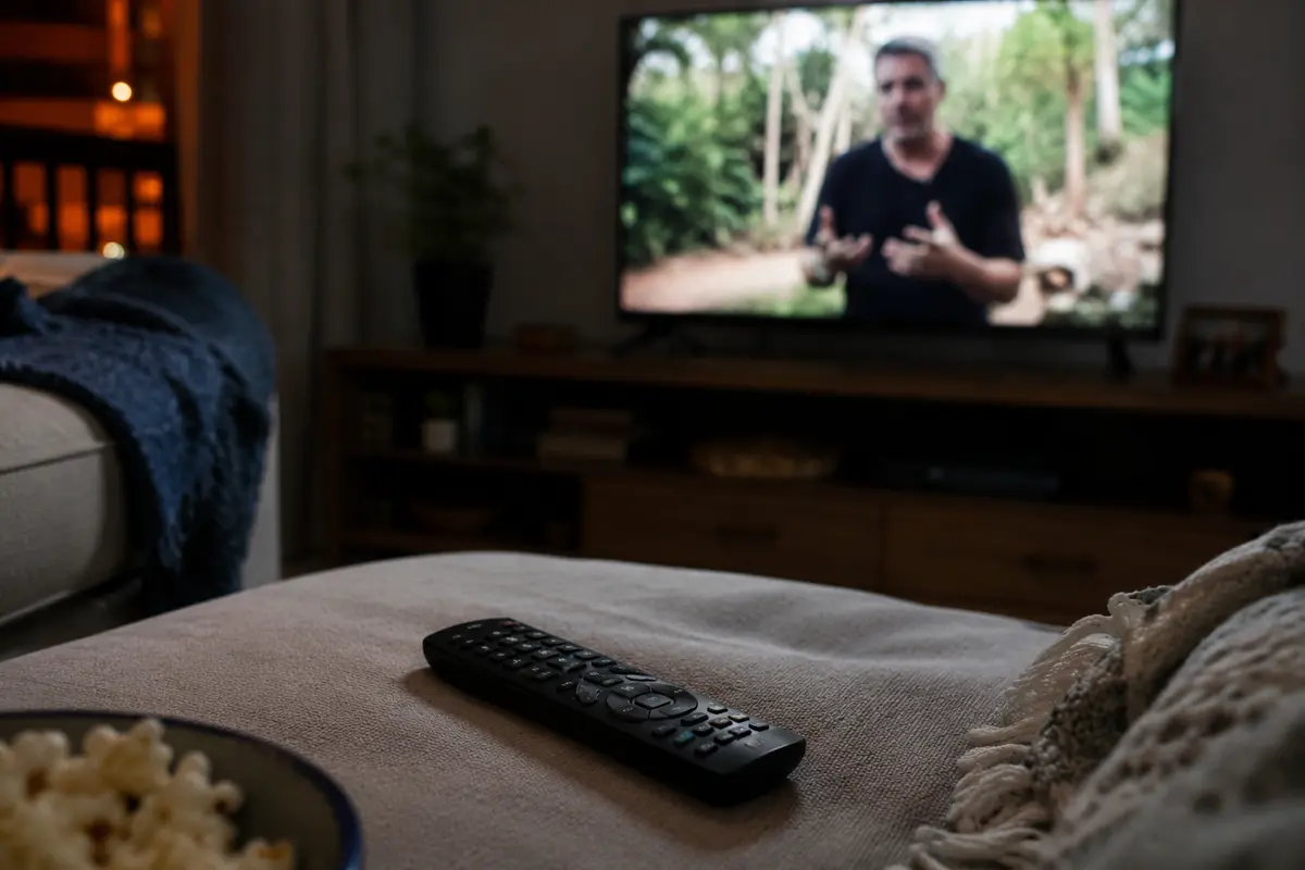 Controle remoto sobre o sofá enquanto a televisão volta a exibir o conteúdo
