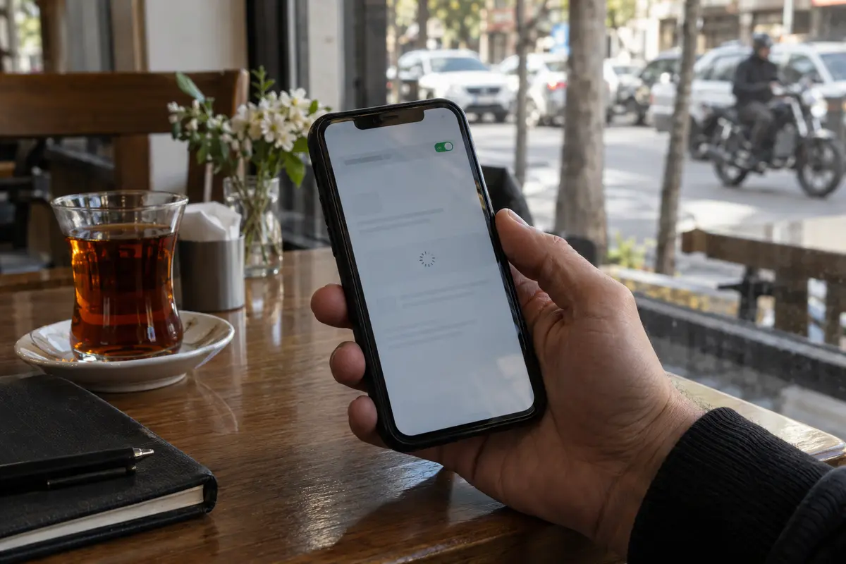 A phone shows a connected tunnel while an ordinary page remains stalled